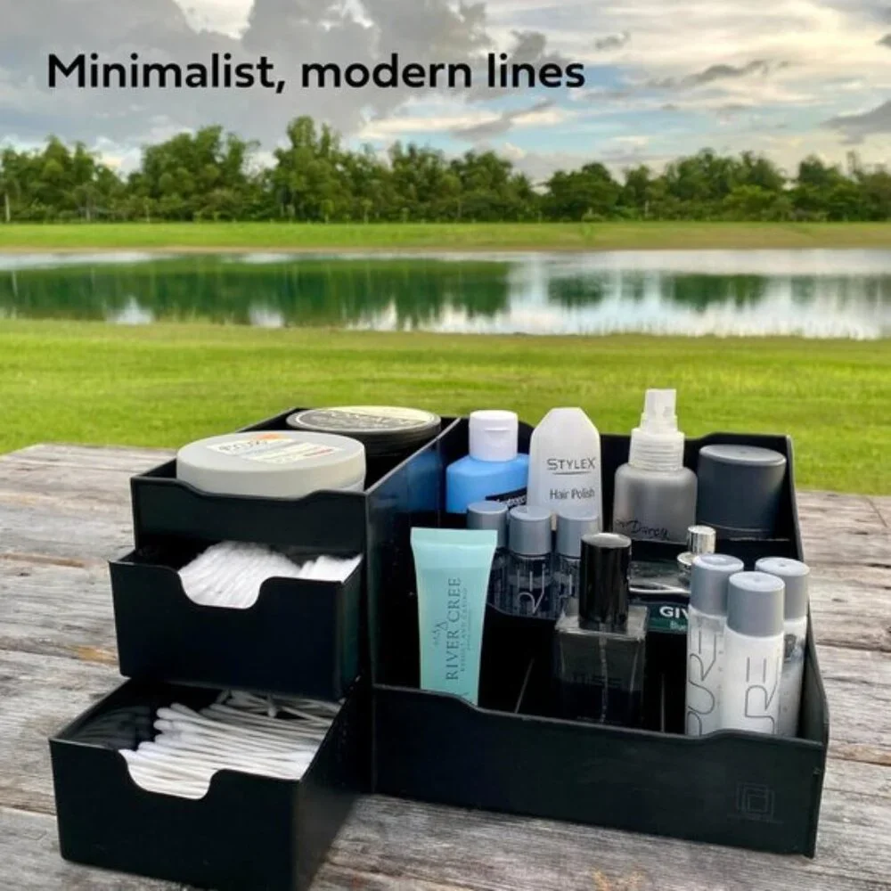 Large Black Vanity Organizer, Countertop Drawers for Cologne & Skincare Storage